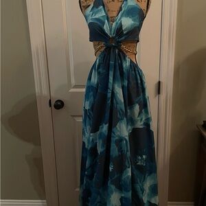 Elegant Blue Floral Halter Dress